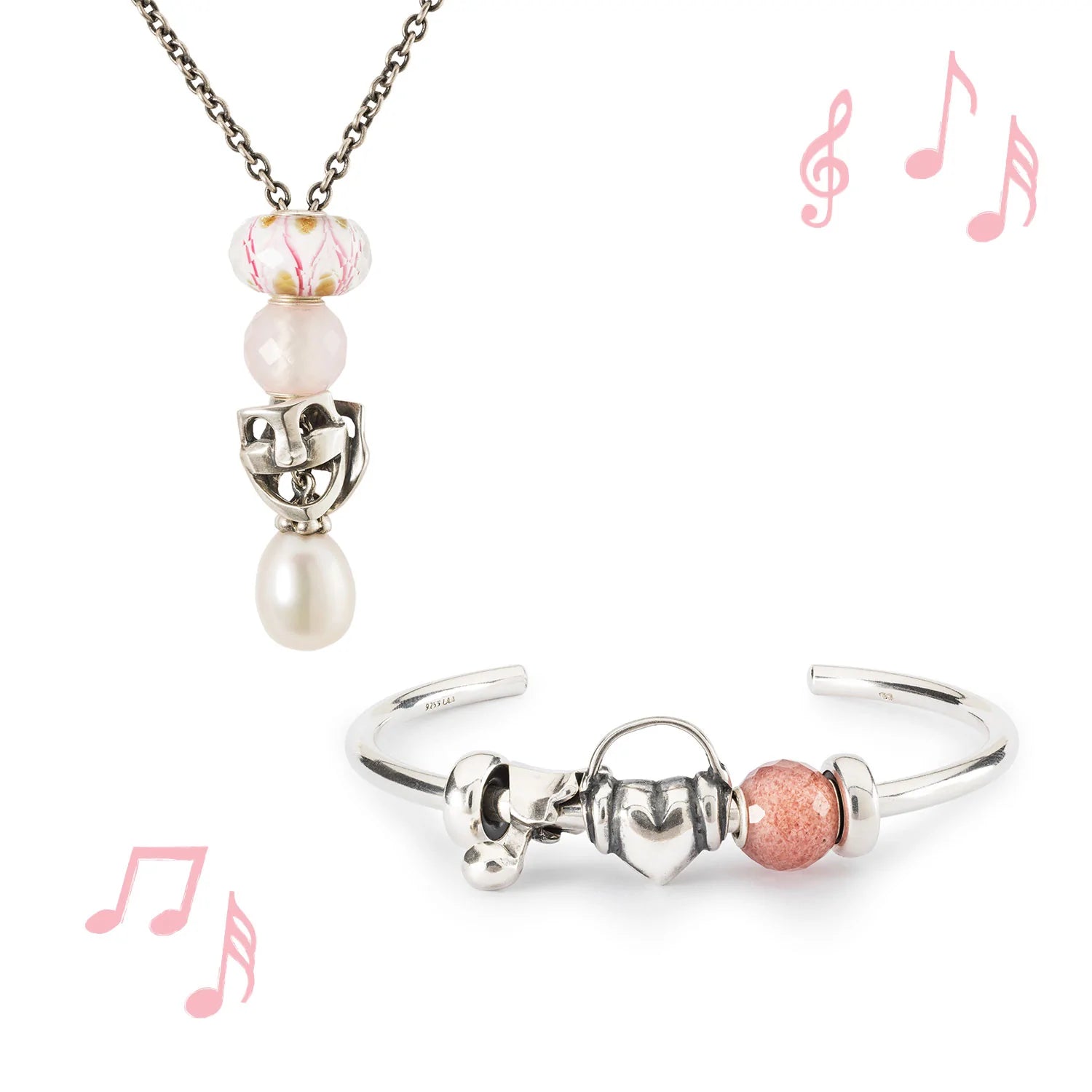 Trollbeads Bangle and necklace with beads in glass, silver, gemstone and pearl all with a music and theater theme