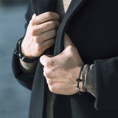 Black Single Leather Bracelet with Black Onyx and Sterling Silver Bead